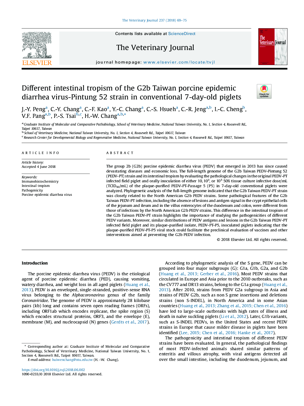 Different intestinal tropism of the G2b Taiwan porcine epidemic diarrhea virus-Pintung 52 strain in conventional 7-day-old piglets