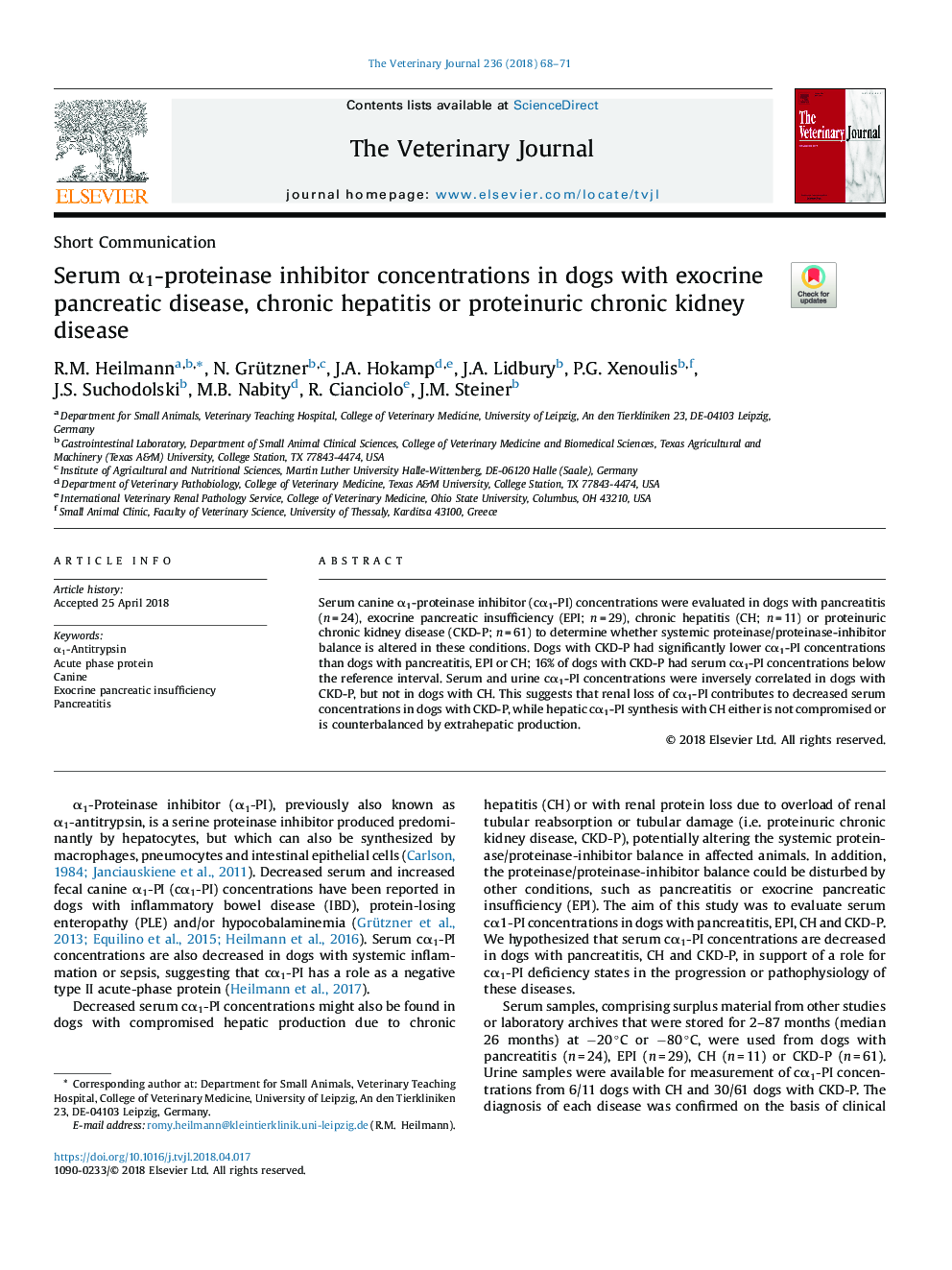 Serum Î±1-proteinase inhibitor concentrations in dogs with exocrine pancreatic disease, chronic hepatitis or proteinuric chronic kidney disease