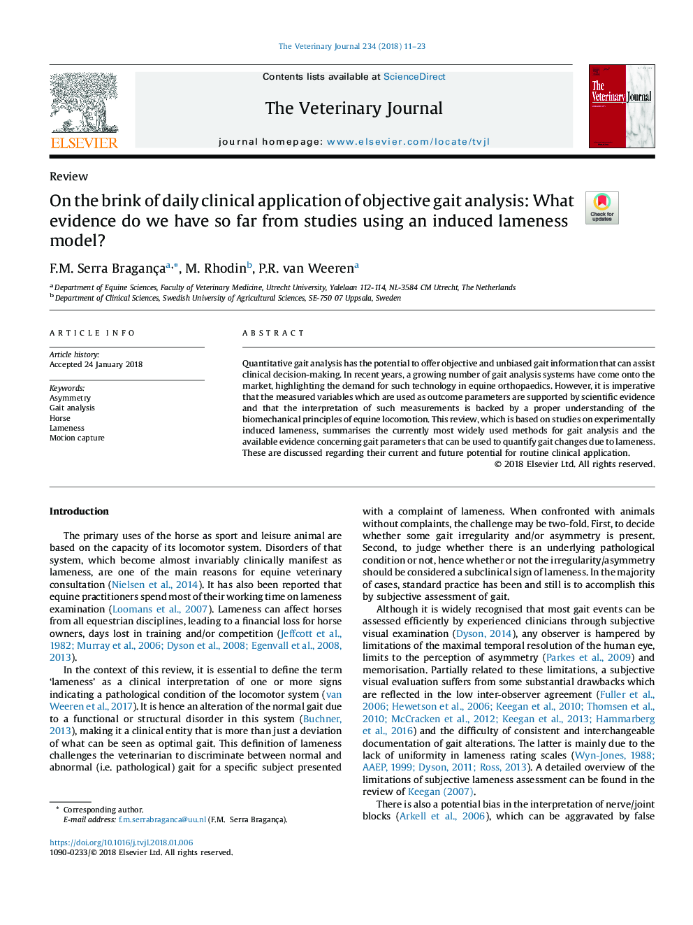 On the brink of daily clinical application of objective gait analysis: What evidence do we have so far from studies using an induced lameness model?