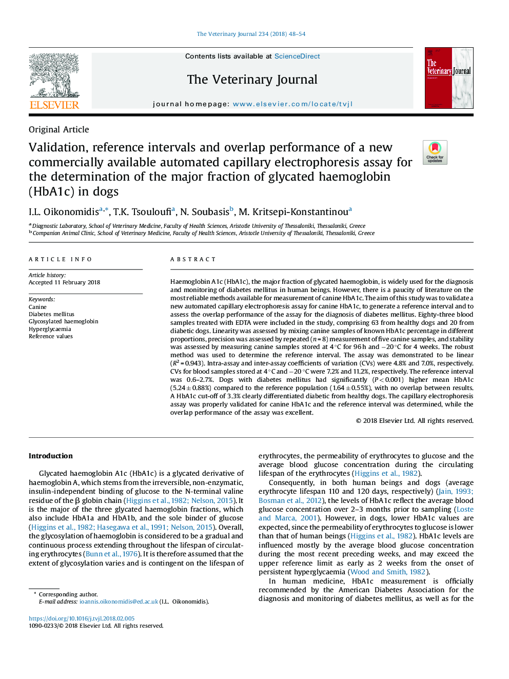 Validation, reference intervals and overlap performance of a new commercially available automated capillary electrophoresis assay for the determination of the major fraction of glycated haemoglobin (HbA1c) in dogs