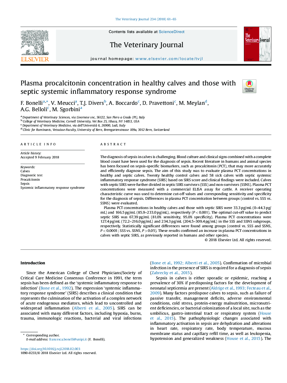 Plasma procalcitonin concentration in healthy calves and those with septic systemic inflammatory response syndrome