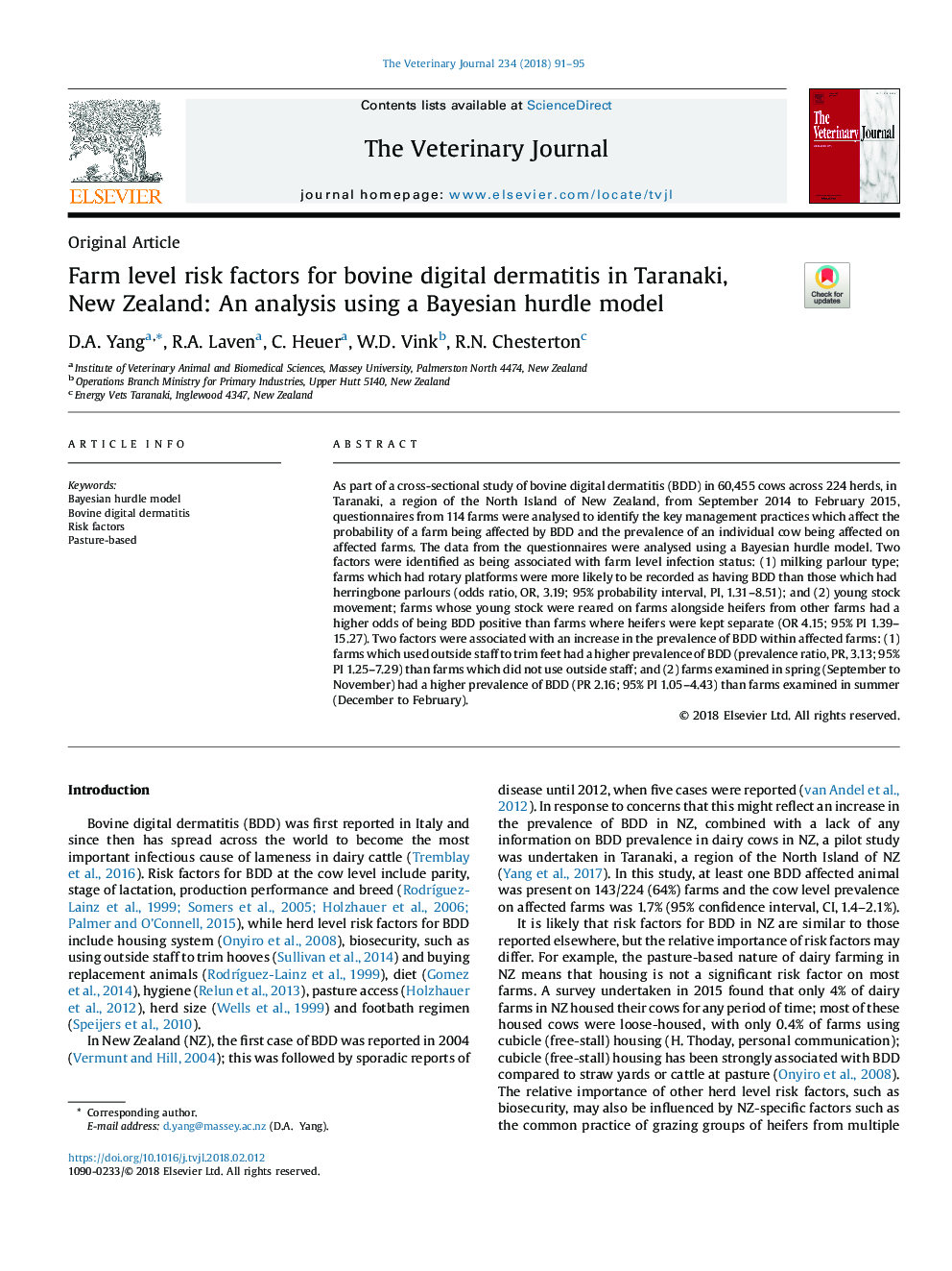 Farm level risk factors for bovine digital dermatitis in Taranaki, New Zealand: An analysis using a Bayesian hurdle model