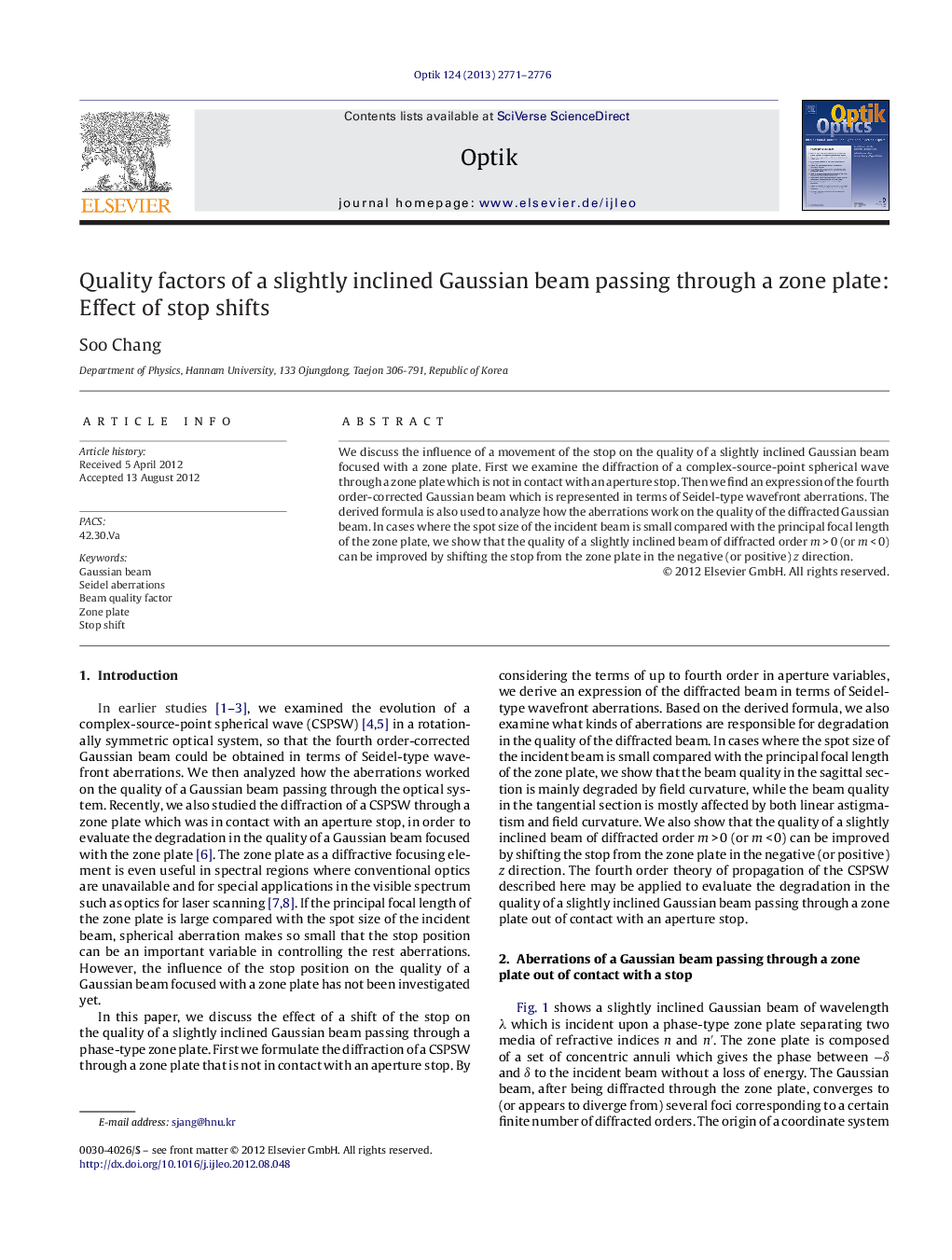 Quality factors of a slightly inclined Gaussian beam passing through a zone plate: Effect of stop shifts