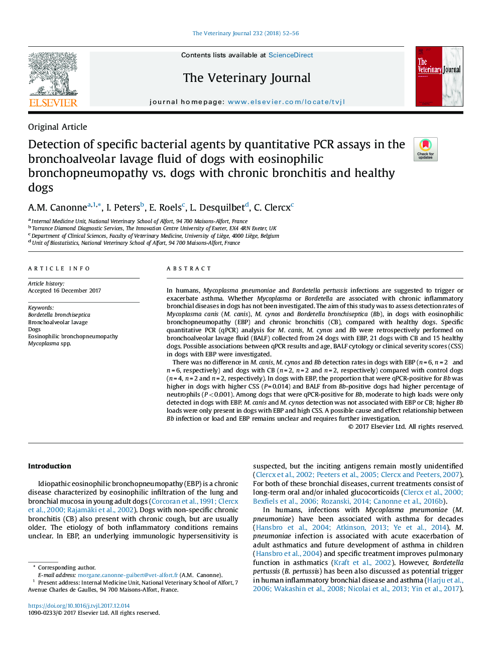 Detection of specific bacterial agents by quantitative PCR assays in the bronchoalveolar lavage fluid of dogs with eosinophilic bronchopneumopathy vs. dogs with chronic bronchitis and healthy dogs