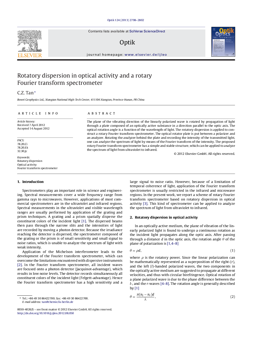 Rotatory dispersion in optical activity and a rotary Fourier transform spectrometer