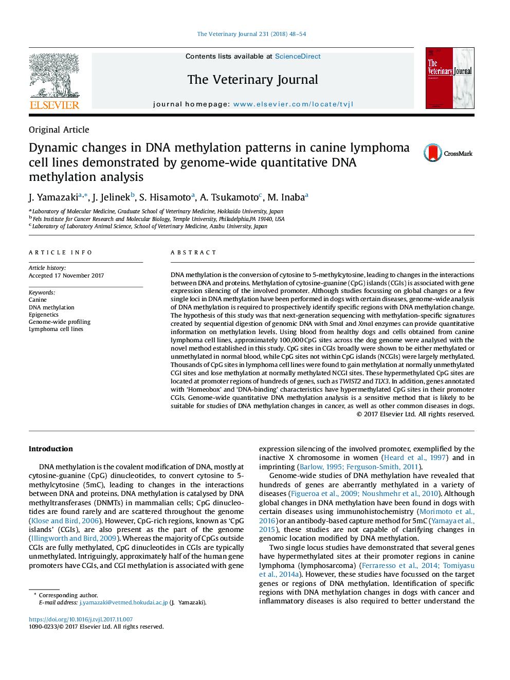 Dynamic changes in DNA methylation patterns in canine lymphoma cell lines demonstrated by genome-wide quantitative DNA methylation analysis