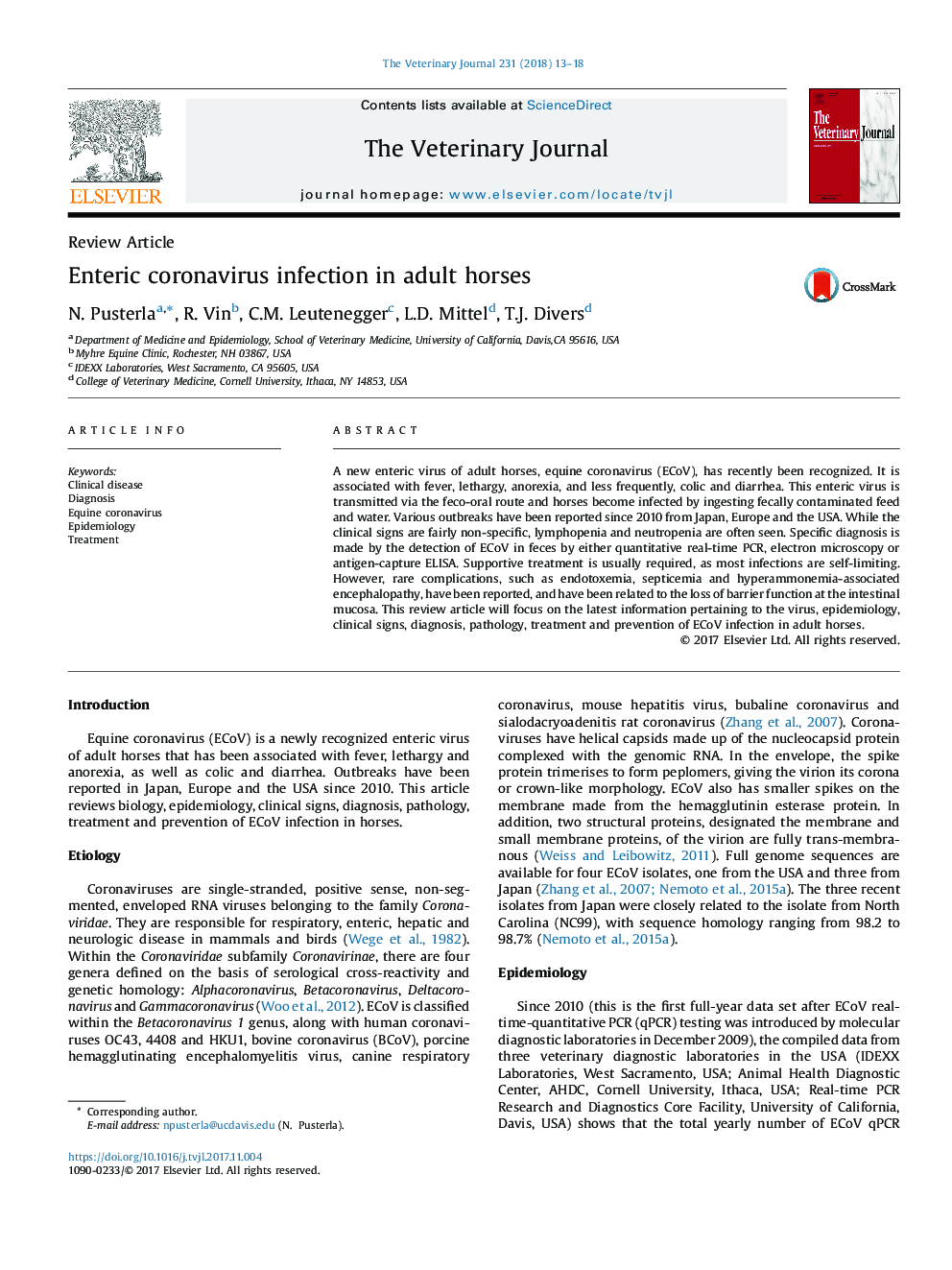 Enteric coronavirus infection in adult horses