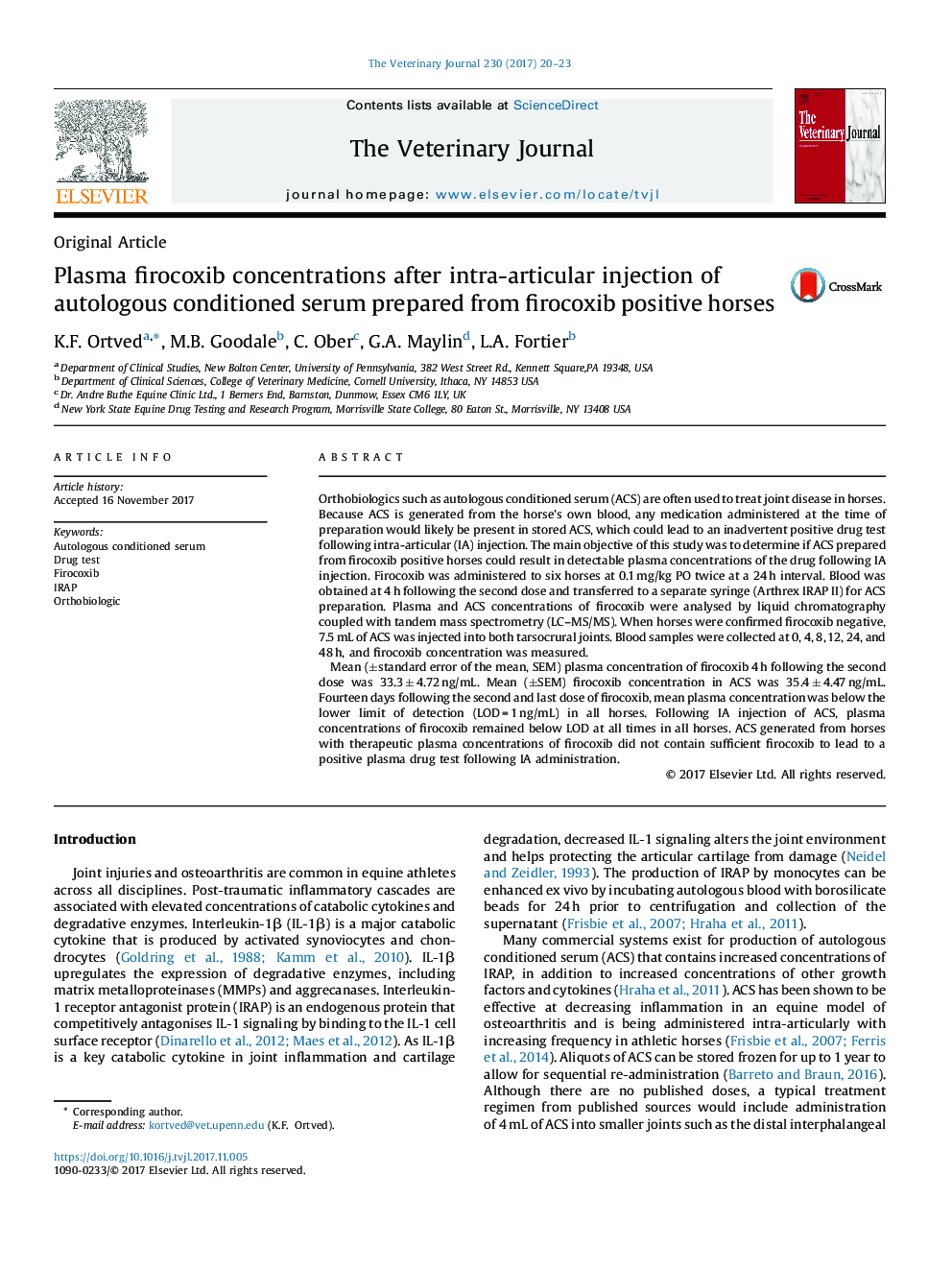 Plasma firocoxib concentrations after intra-articular injection of autologous conditioned serum prepared from firocoxib positive horses