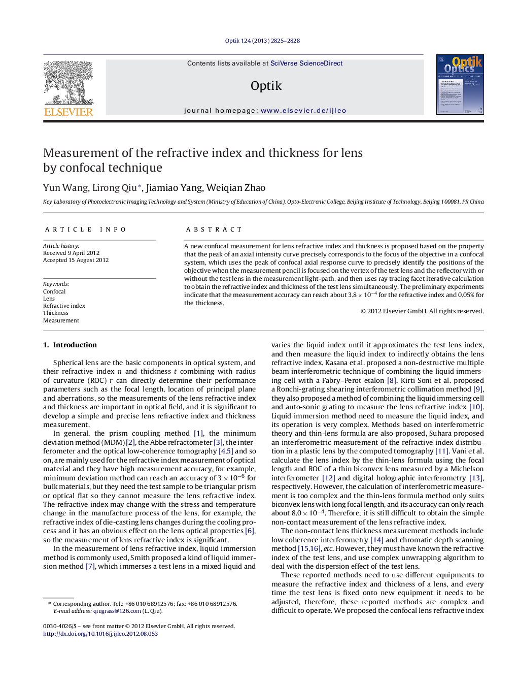 Measurement of the refractive index and thickness for lens by confocal technique