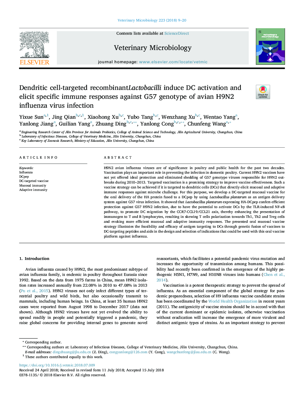 Dendritic cell-targeted recombinantLactobacilli induce DC activation and elicit specific immune responses against G57 genotype of avian H9N2 influenza virus infection