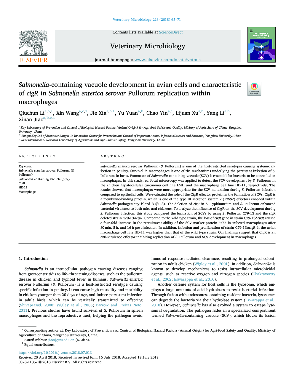 Salmonella-containing vacuole development in avian cells and characteristic of cigR in Salmonella enterica serovar Pullorum replication within macrophages