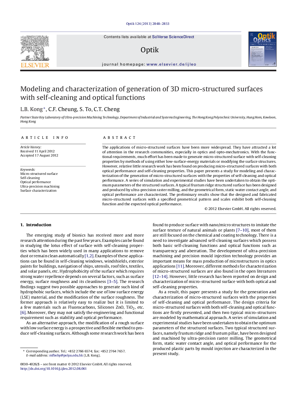 Modeling and characterization of generation of 3D micro-structured surfaces with self-cleaning and optical functions