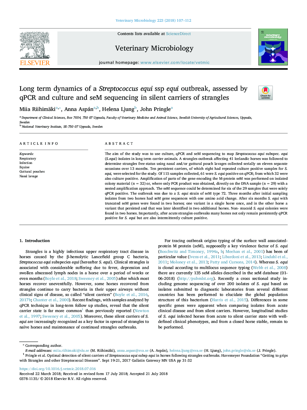 Long term dynamics of a Streptococcus equi ssp equi outbreak, assessed by qPCR and culture and seM sequencing in silent carriers of strangles