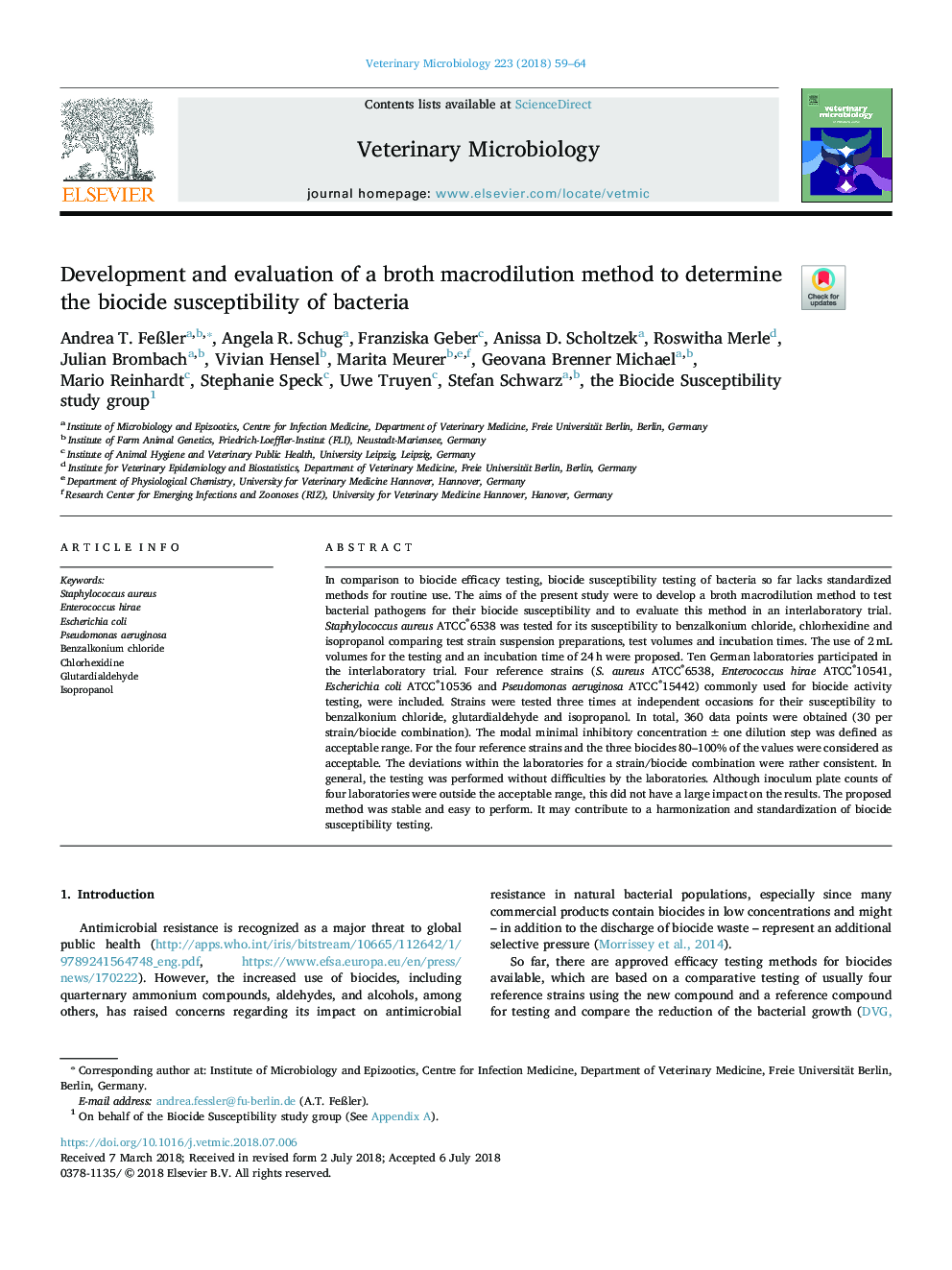 Development and evaluation of a broth macrodilution method to determine the biocide susceptibility of bacteria