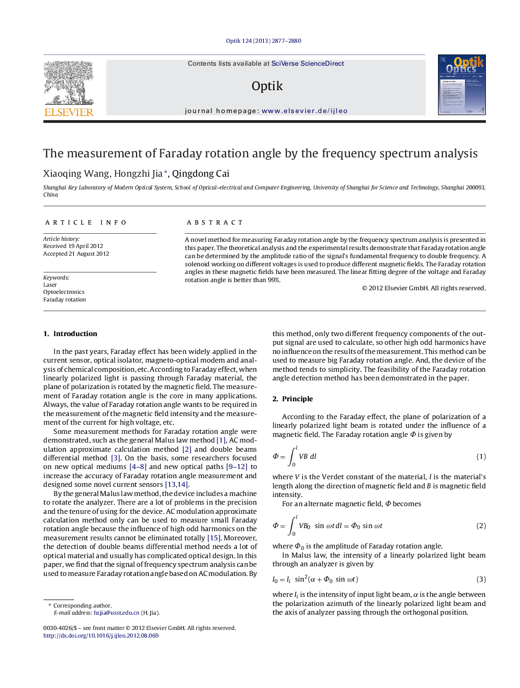 The measurement of Faraday rotation angle by the frequency spectrum analysis