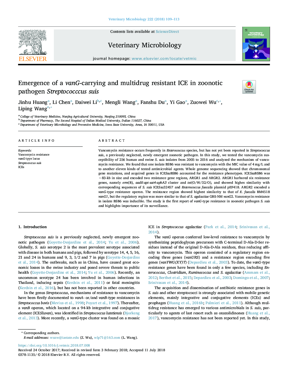 Emergence of a vanG-carrying and multidrug resistant ICE in zoonotic pathogen Streptococccus suis