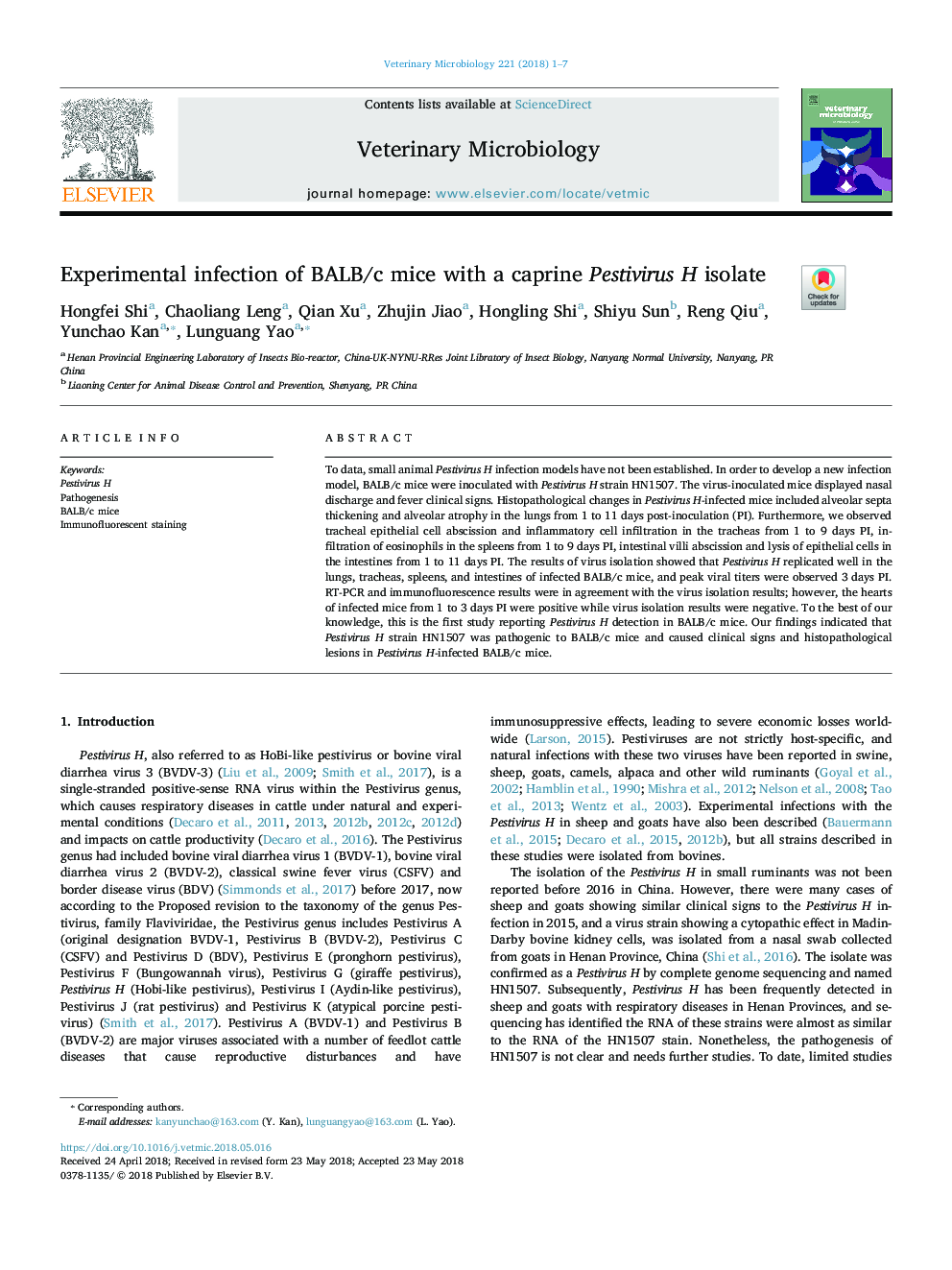 Experimental infection of BALB/c mice with a caprine Pestivirus H isolate