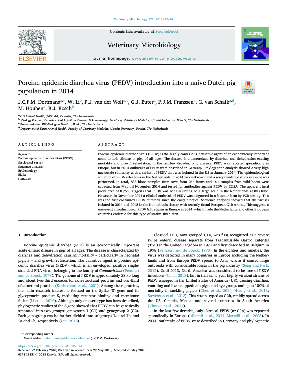 Porcine epidemic diarrhea virus (PEDV) introduction into a naive Dutch pig population in 2014