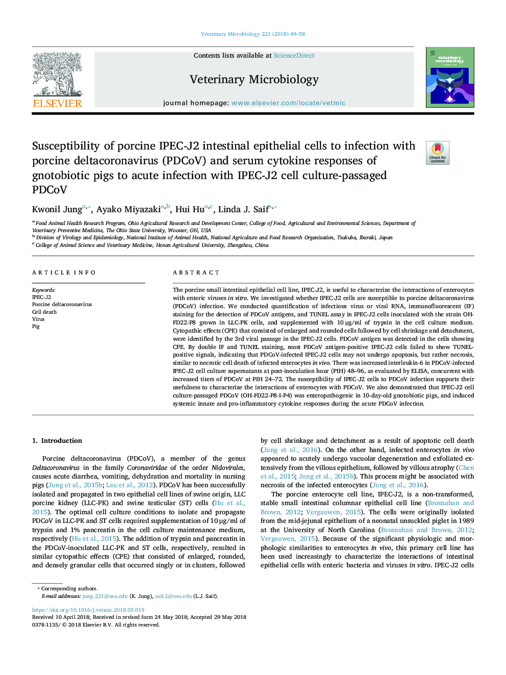 Susceptibility of porcine IPEC-J2 intestinal epithelial cells to infection with porcine deltacoronavirus (PDCoV) and serum cytokine responses of gnotobiotic pigs to acute infection with IPEC-J2 cell culture-passaged PDCoV