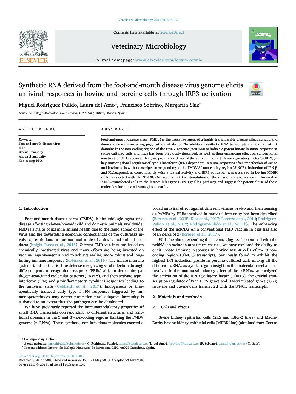 Synthetic RNA derived from the foot-and-mouth disease virus genome elicits antiviral responses in bovine and porcine cells through IRF3 activation