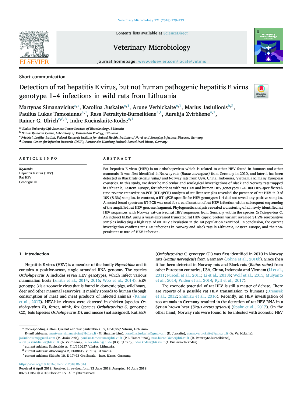 Detection of rat hepatitis E virus, but not human pathogenic hepatitis E virus genotype 1-4 infections in wild rats from Lithuania