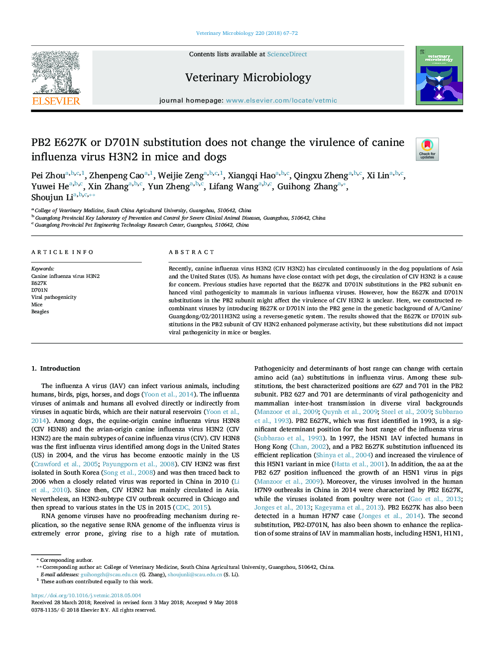 PB2 E627K or D701N substitution does not change the virulence of canine influenza virus H3N2 in mice and dogs