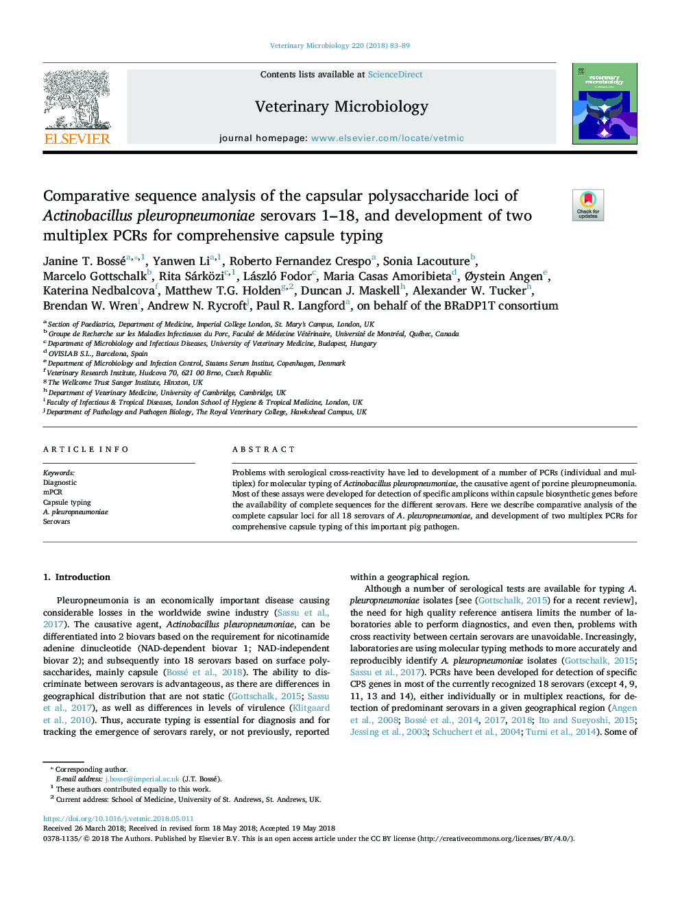 Comparative sequence analysis of the capsular polysaccharide loci of Actinobacillus pleuropneumoniae serovars 1-18, and development of two multiplex PCRs for comprehensive capsule typing