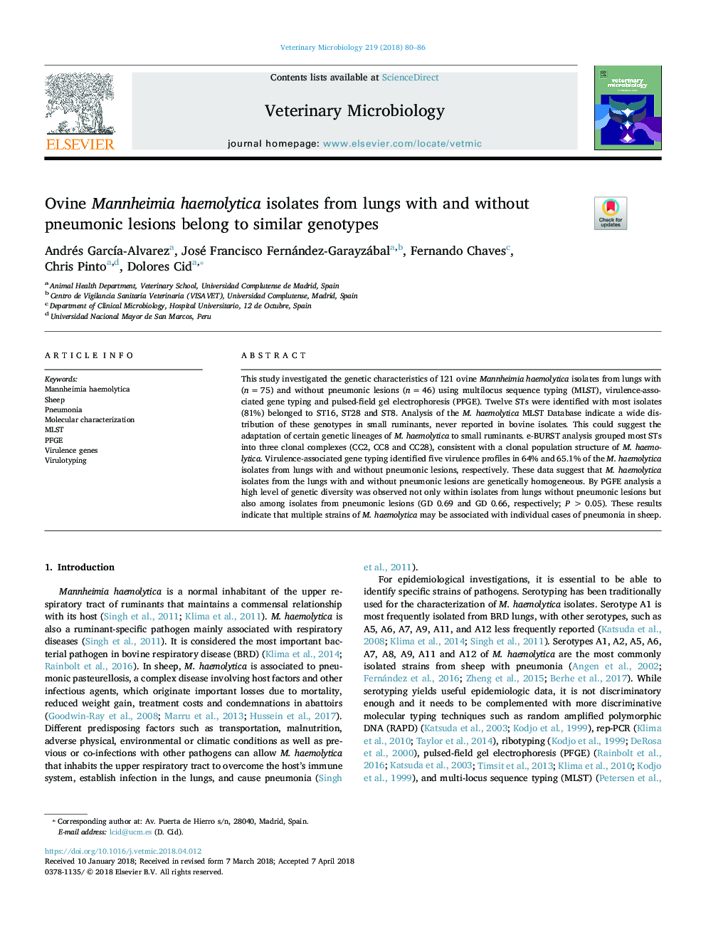 Ovine Mannheimia haemolytica isolates from lungs with and without pneumonic lesions belong to similar genotypes