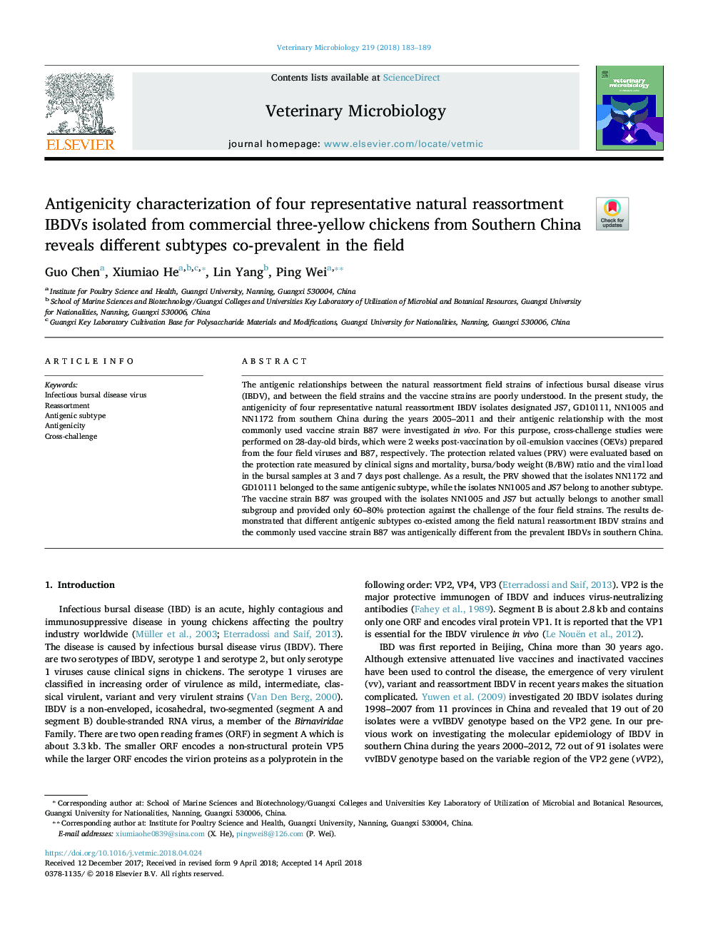 Antigenicity characterization of four representative natural reassortment IBDVs isolated from commercial three-yellow chickens from Southern China reveals different subtypes co-prevalent in the field