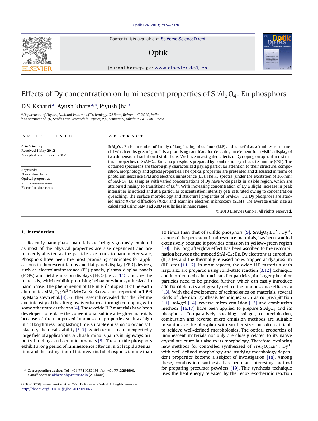 عکس صفحه اول مقاله: Effects of Dy concentration on luminescent properties of SrAl2O4: Eu phosphors Effects of Dy concentration on luminescent properties of SrAl2O4: Eu phosphors