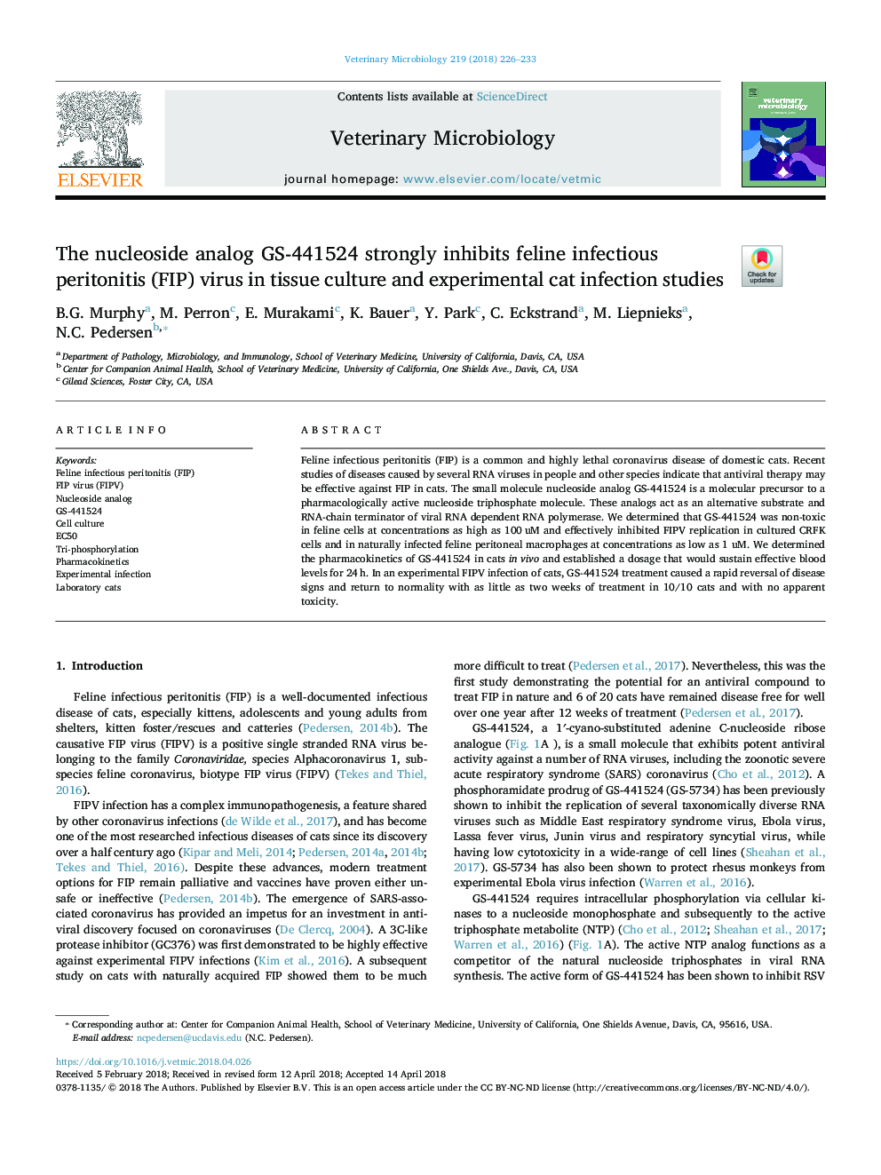 The nucleoside analog GS-441524 strongly inhibits feline infectious peritonitis (FIP) virus in tissue culture and experimental cat infection studies