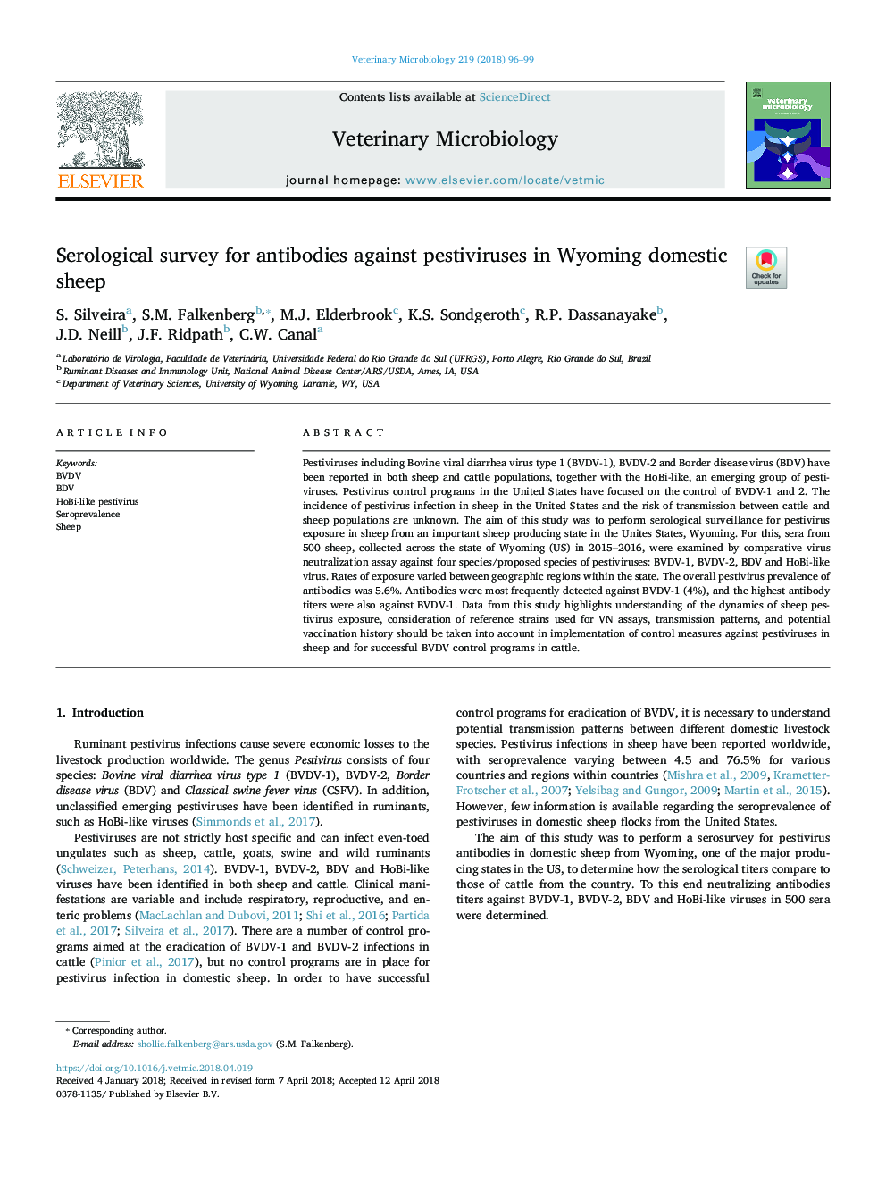 Serological survey for antibodies against pestiviruses in Wyoming domestic sheep