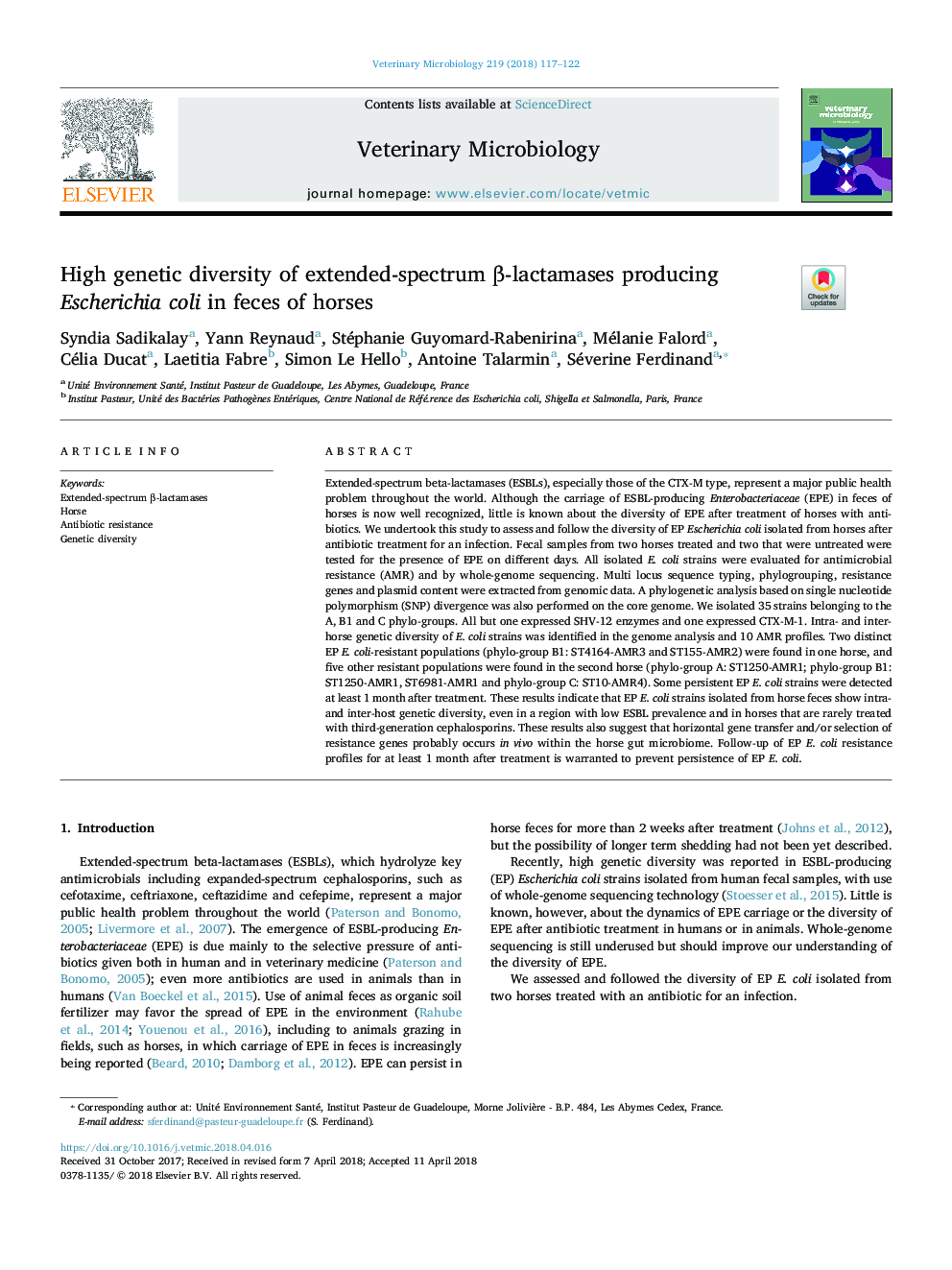 High genetic diversity of extended-spectrum Î²-lactamases producing Escherichia coli in feces of horses