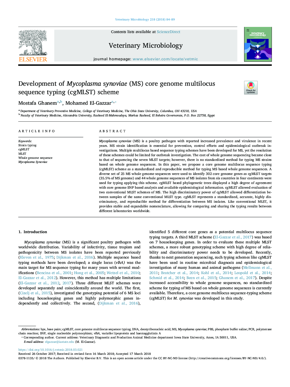 Development of Mycoplasma synoviae (MS) core genome multilocus sequence typing (cgMLST) scheme