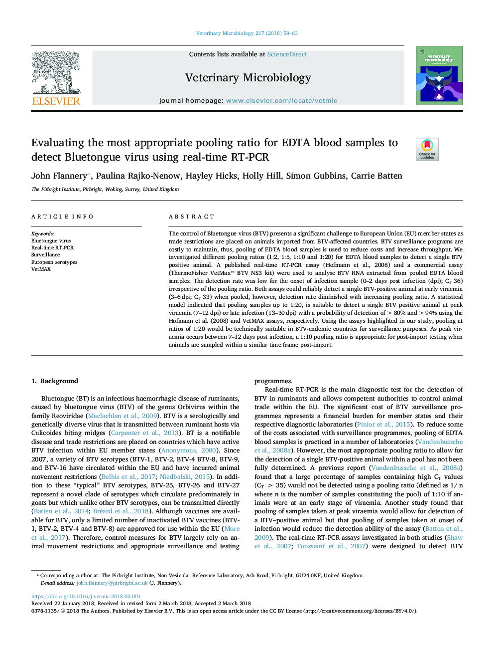 Evaluating the most appropriate pooling ratio for EDTA blood samples to detect Bluetongue virus using real-time RT-PCR