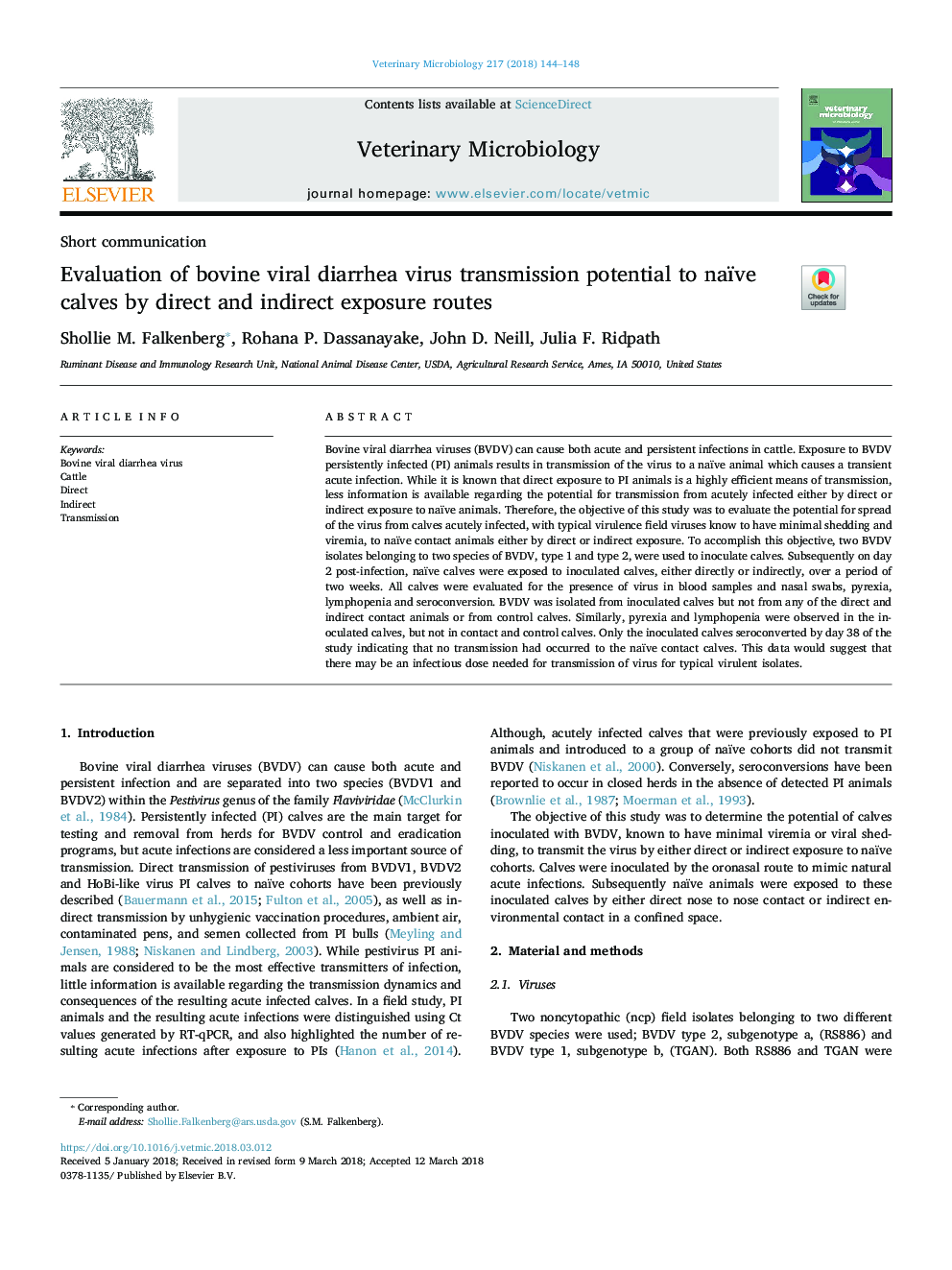 Evaluation of bovine viral diarrhea virus transmission potential to naïve calves by direct and indirect exposure routes