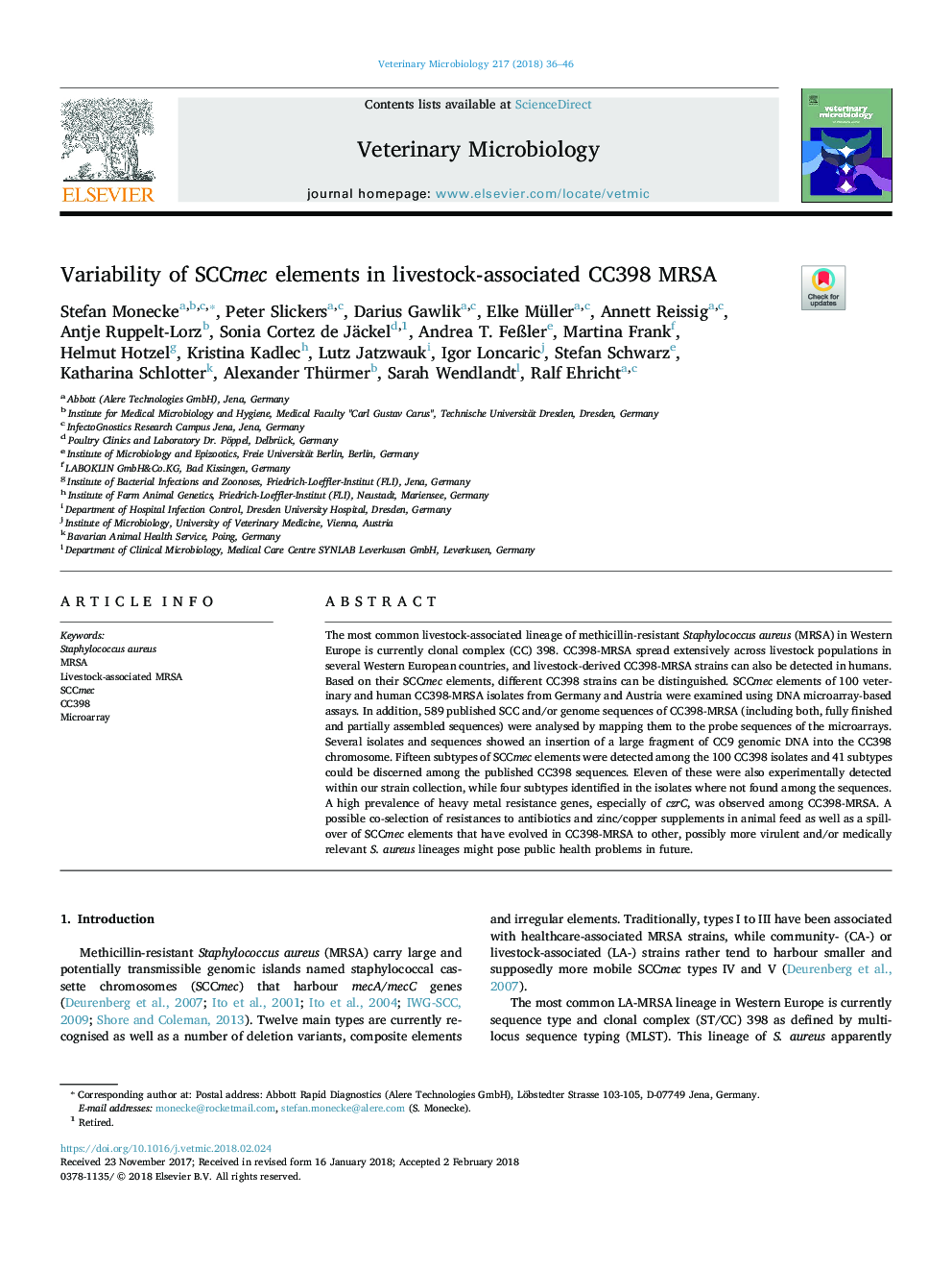 Variability of SCCmec elements in livestock-associated CC398 MRSA