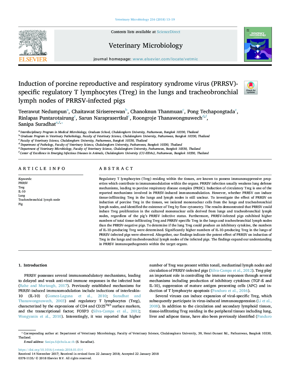 Induction of porcine reproductive and respiratory syndrome virus (PRRSV)-specific regulatory T lymphocytes (Treg) in the lungs and tracheobronchial lymph nodes of PRRSV-infected pigs