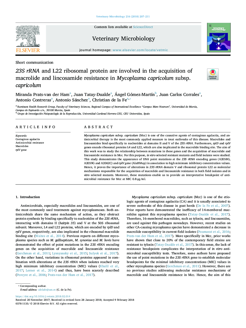 23S rRNA and L22 ribosomal protein are involved in the acquisition of macrolide and lincosamide resistance in Mycoplasma capricolum subsp. capricolum