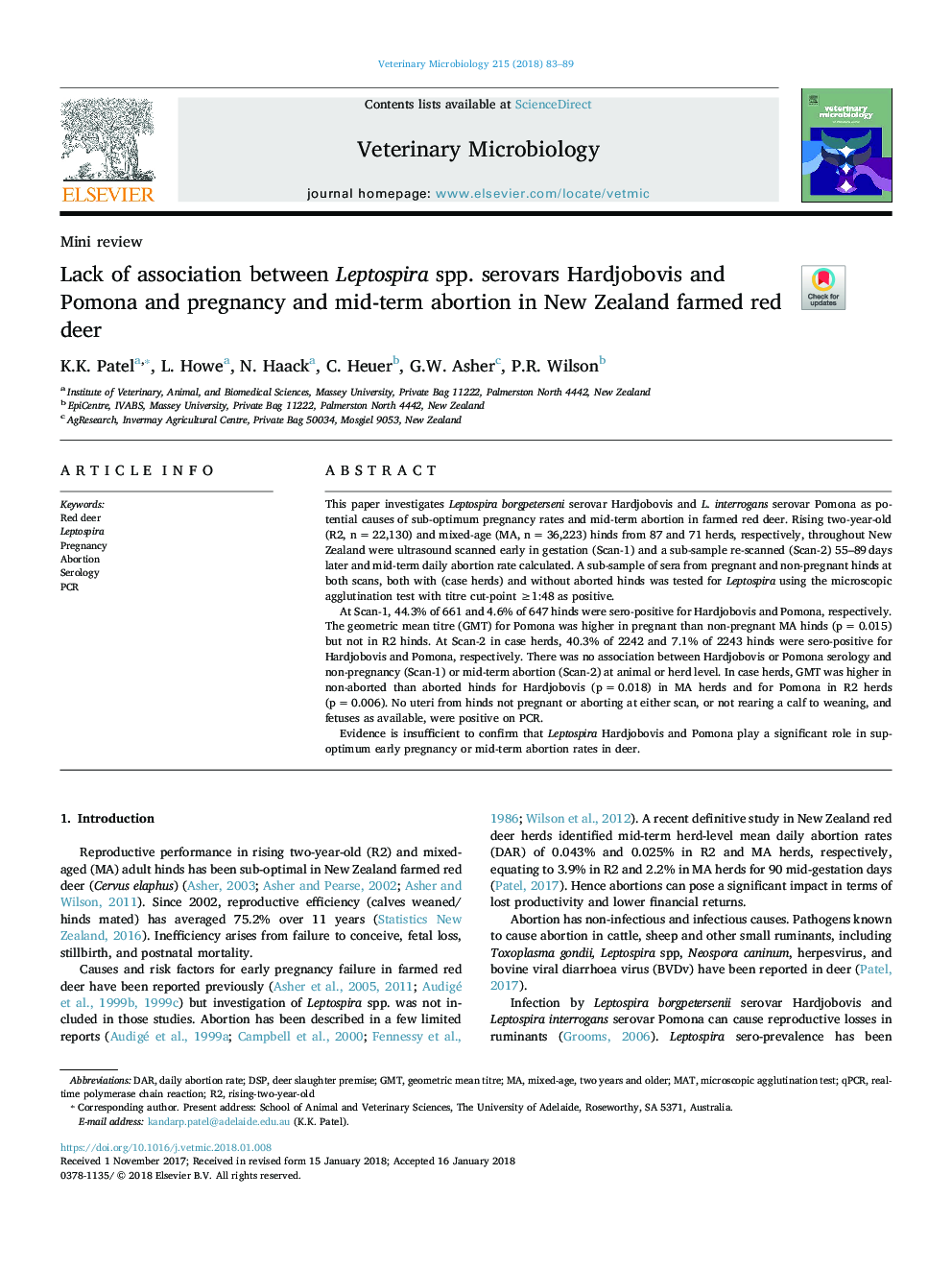 Lack of association between Leptospira spp. serovars Hardjobovis and Pomona and pregnancy and mid-term abortion in New Zealand farmed red deer