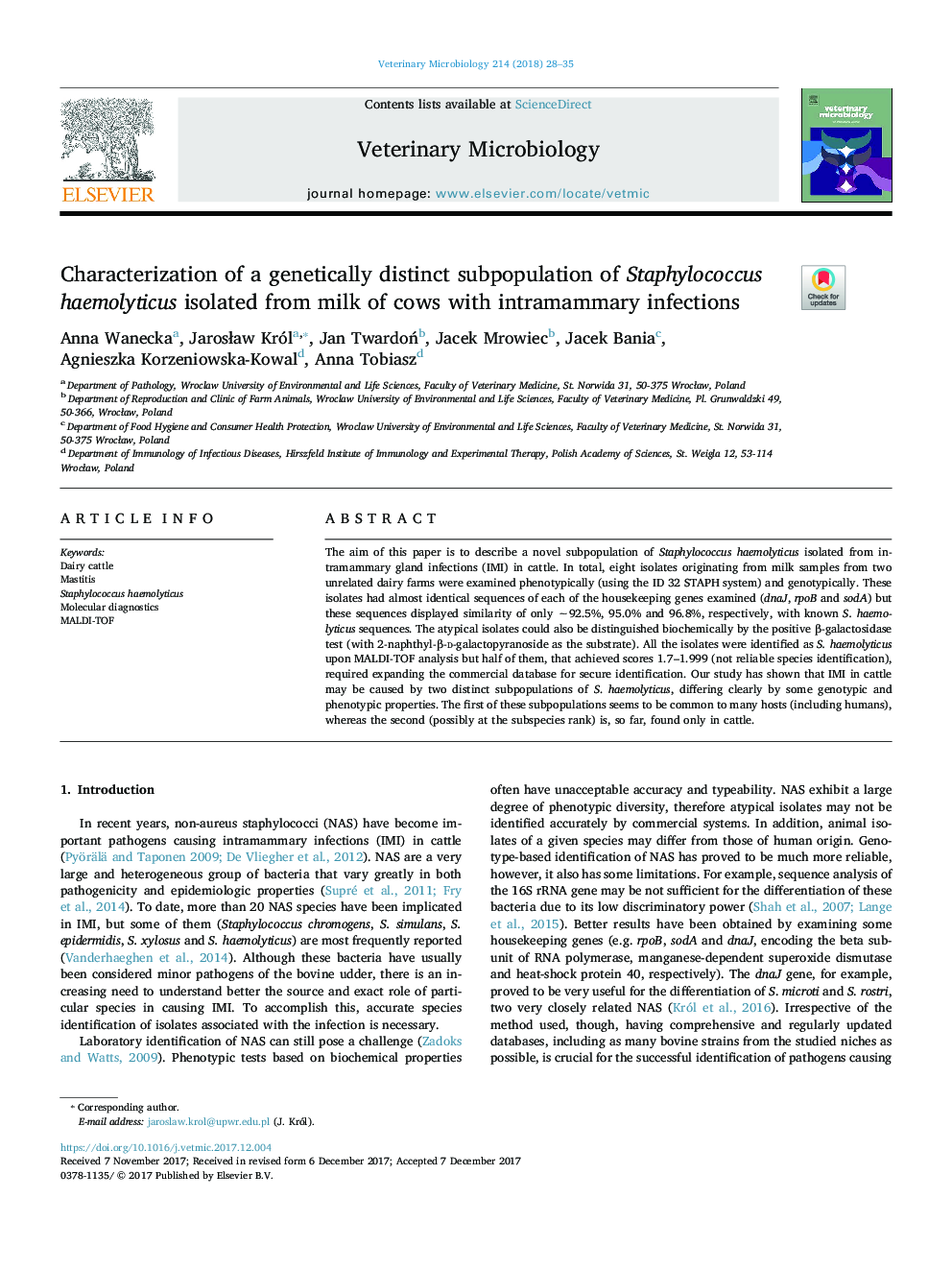 Characterization of a genetically distinct subpopulation of Staphylococcus haemolyticus isolated from milk of cows with intramammary infections