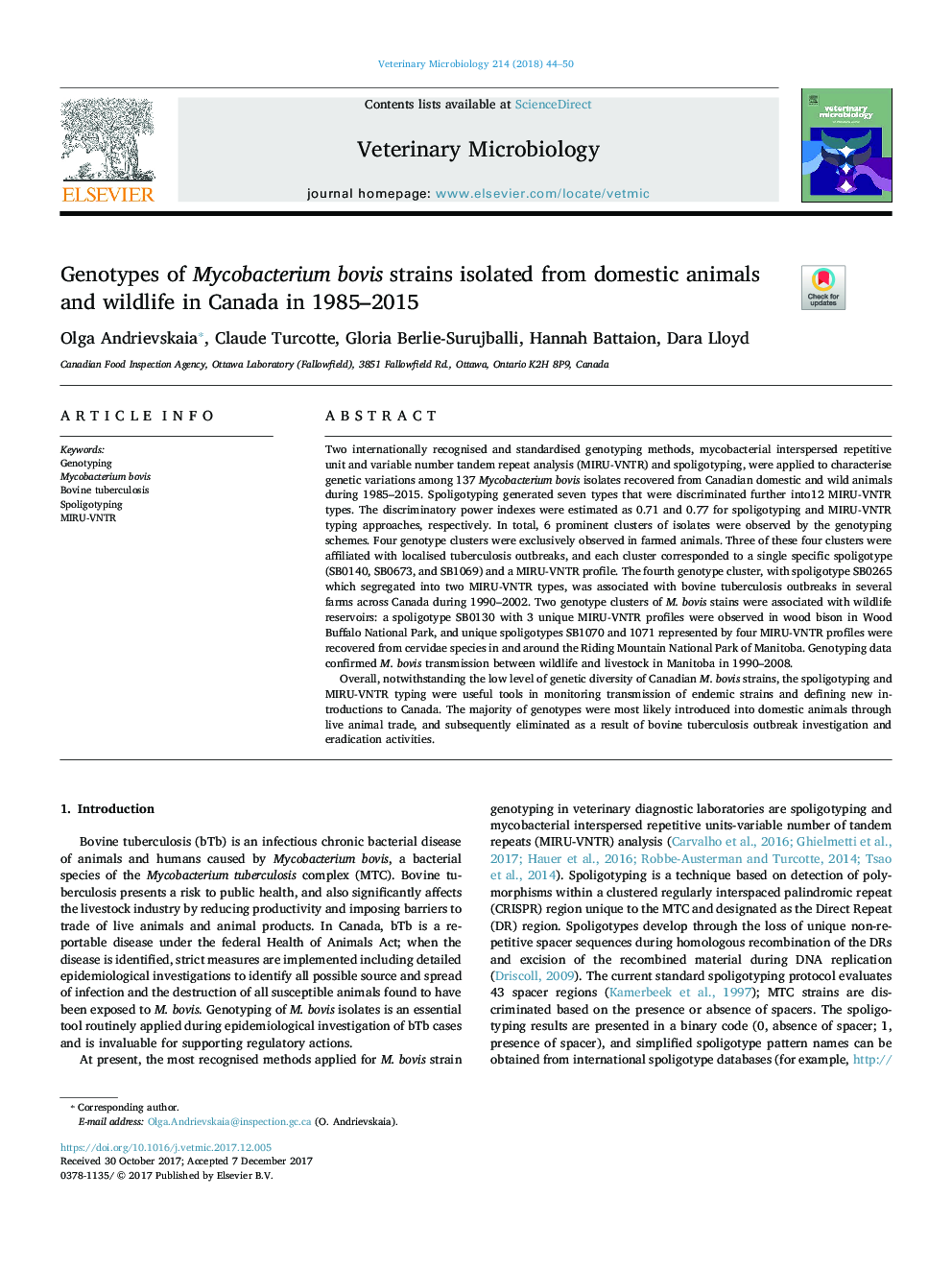 Genotypes of Mycobacterium bovis strains isolated from domestic animals and wildlife in Canada in 1985-2015