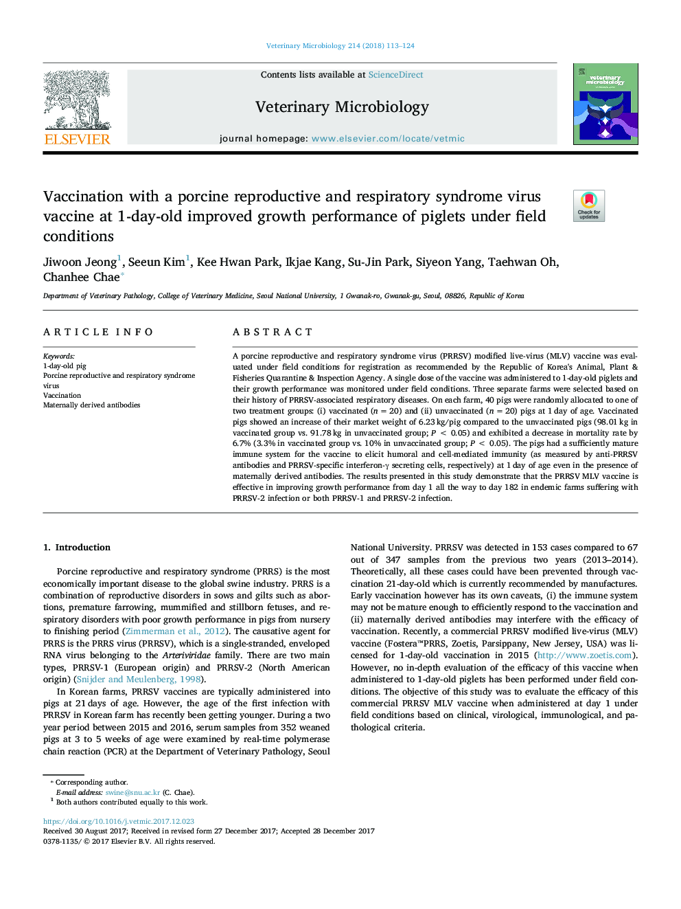 Vaccination with a porcine reproductive and respiratory syndrome virus vaccine at 1-day-old improved growth performance of piglets under field conditions