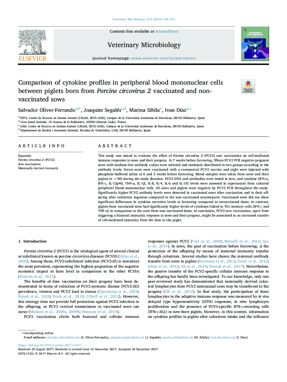 Comparison of cytokine profiles in peripheral blood mononuclear cells between piglets born from Porcine circovirus 2 vaccinated and non-vaccinated sows