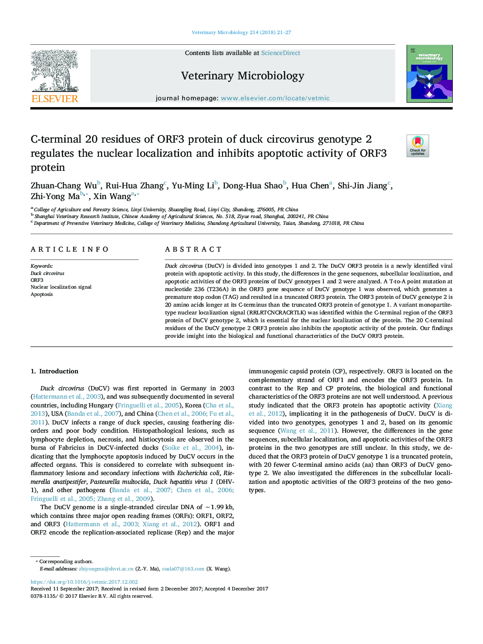 C-terminal 20 residues of ORF3 protein of duck circovirus genotype 2 regulates the nuclear localization and inhibits apoptotic activity of ORF3 protein