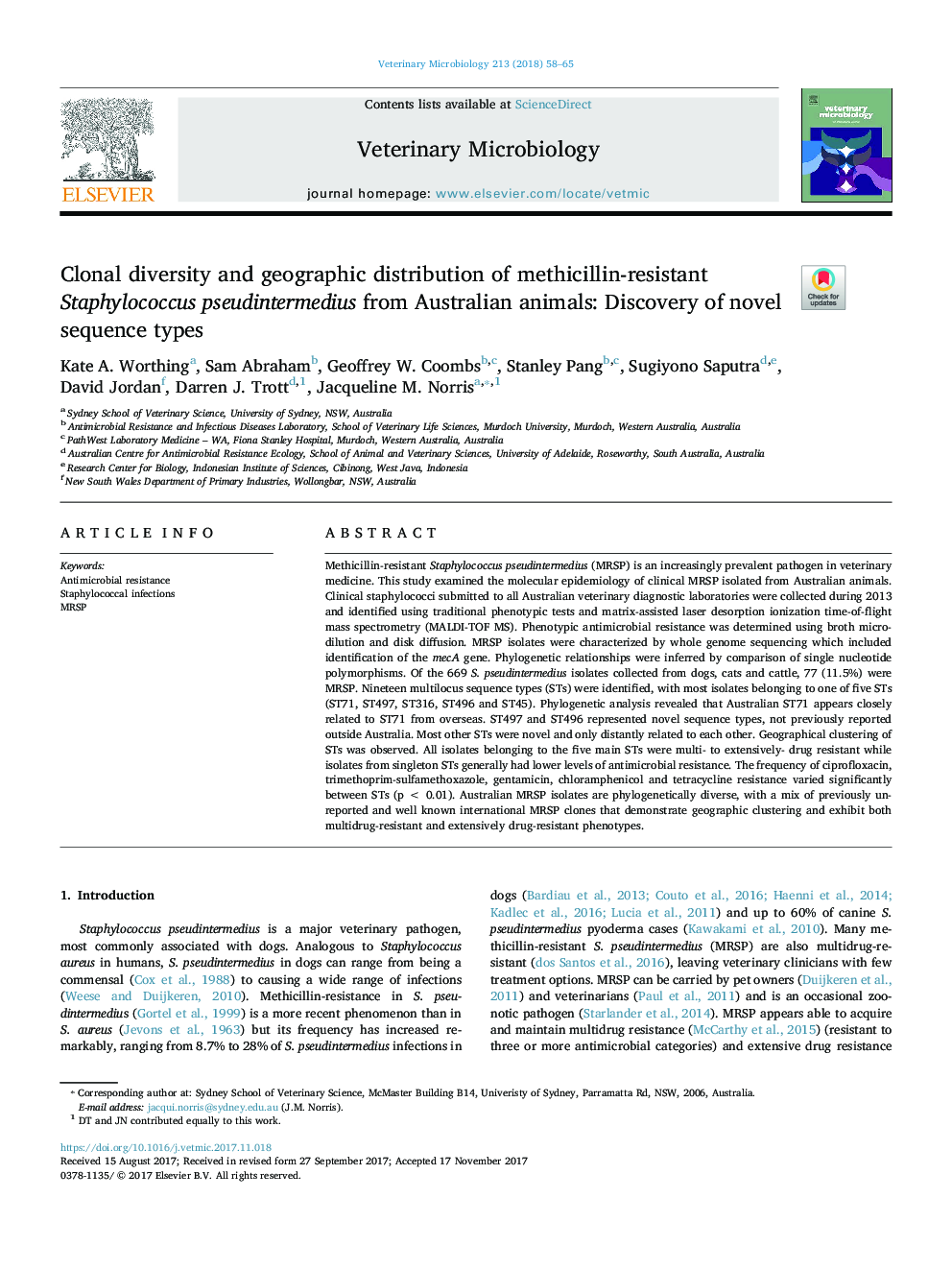 Clonal diversity and geographic distribution of methicillin-resistant Staphylococcus pseudintermedius from Australian animals: Discovery of novel sequence types