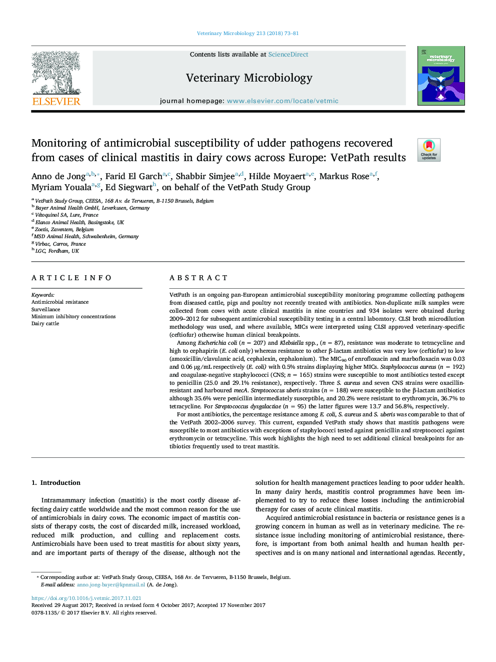 Monitoring of antimicrobial susceptibility of udder pathogens recovered from cases of clinical mastitis in dairy cows across Europe: VetPath results