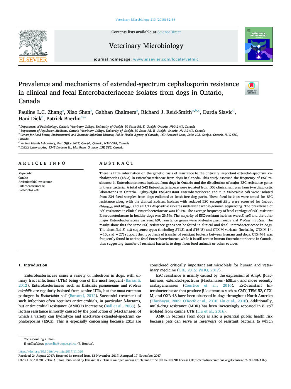 Prevalence and mechanisms of extended-spectrum cephalosporin resistance in clinical and fecal Enterobacteriaceae isolates from dogs in Ontario, Canada