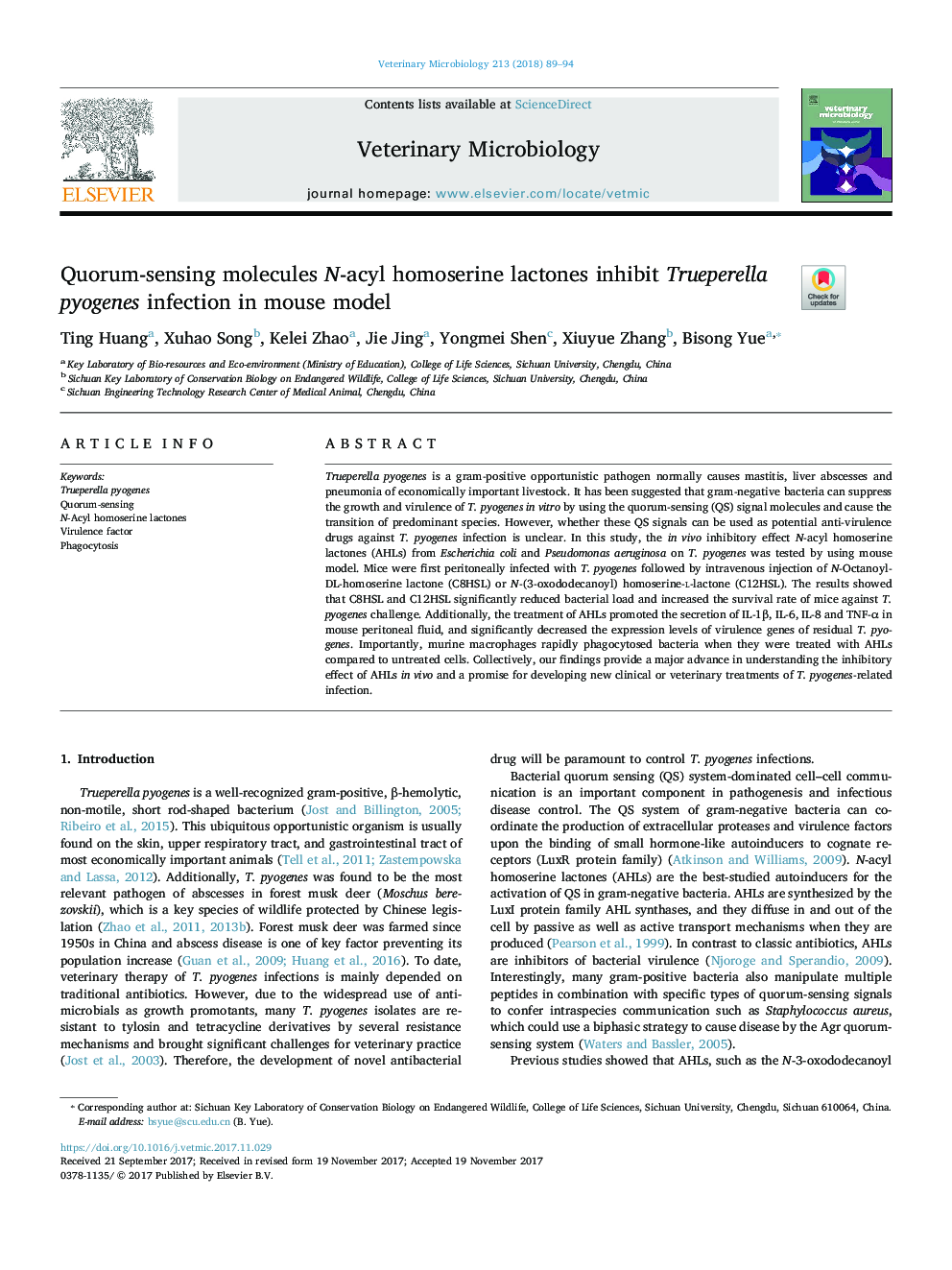 Quorum-sensing molecules N-acyl homoserine lactones inhibit Trueperella pyogenes infection in mouse model