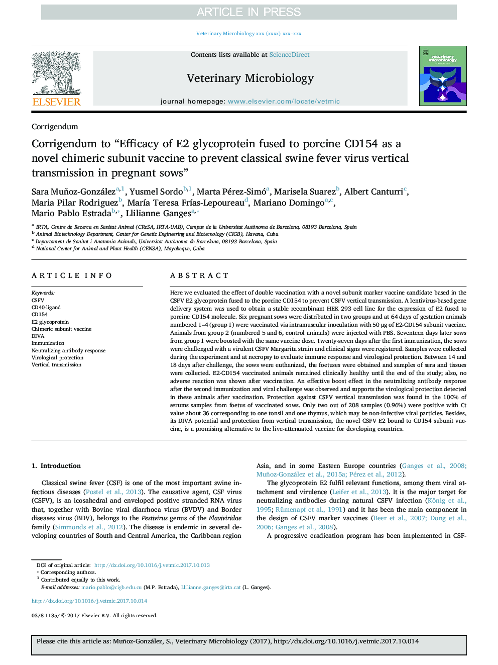 Corrigendum to “Efficacy of E2 glycoprotein fused to porcine CD154 as a novel chimeric subunit vaccine to prevent classical swine fever virus vertical transmission in pregnant sows”